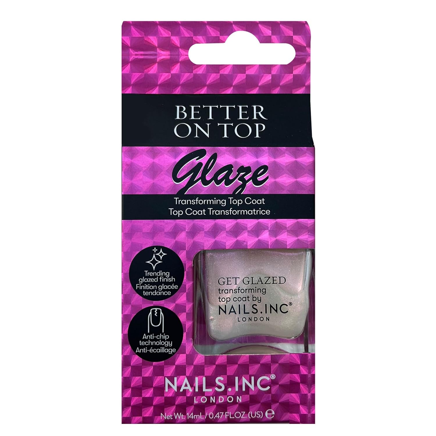 Nails Inc Better On Top, Glazura, Błyszczący, Błyszczący, Powłoka paznokci, Bez rozdwajania, Długotrwała, Szybkoschnąca, Suszenie na powietrzu, Profesjonalny manicure i pedicure, Paznokcie u rąk i nóg, Wegański lakier do paznokci, 14ml