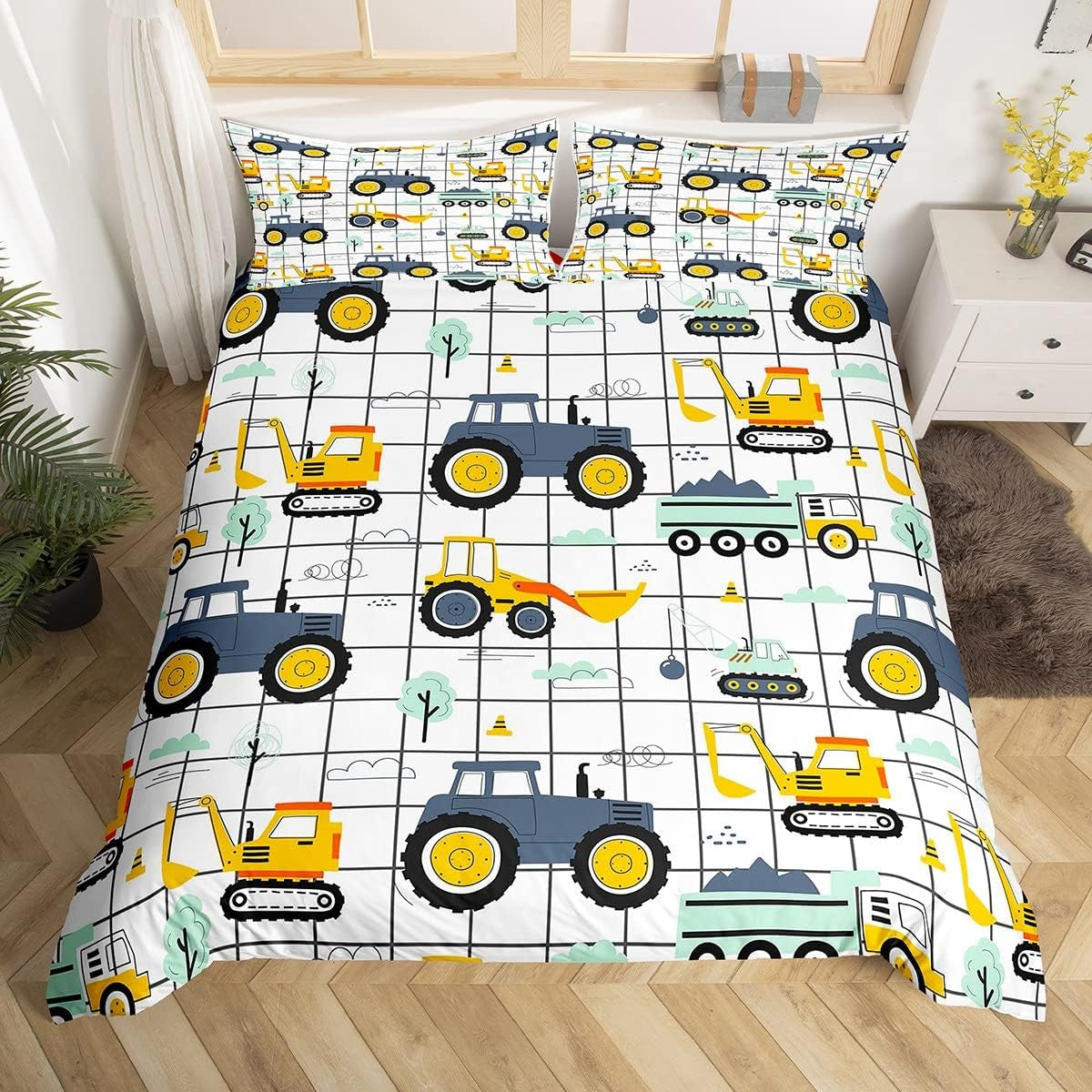 Zestaw Jungen Cartoon Auto Bedtuchen 135X200,Kinder Bau Fahrzeuge Tröster Abdeckung Für Kind Kleinkind Teens,Dinosaurier Bettbezug,Traktor Maschinerie Bagger Bettdecke Abdeckung,Lkw Autos Bedtuchen Naty Shop Multi 13 200*200+80*80*2