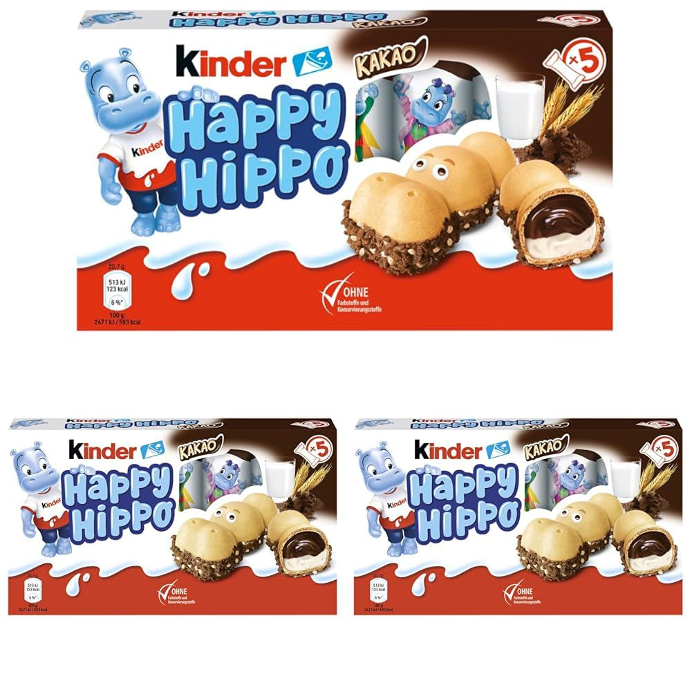 Kinder Happy Hippo Hazelnut - Specjalne chrupiące wafle z mlekiem i kremem z orzechów laskowych - Słodycze karnawałowe i Mardi Gras - 1 opakowanie zawierające 5 pojedynczych batonów po 20,7 g każdy