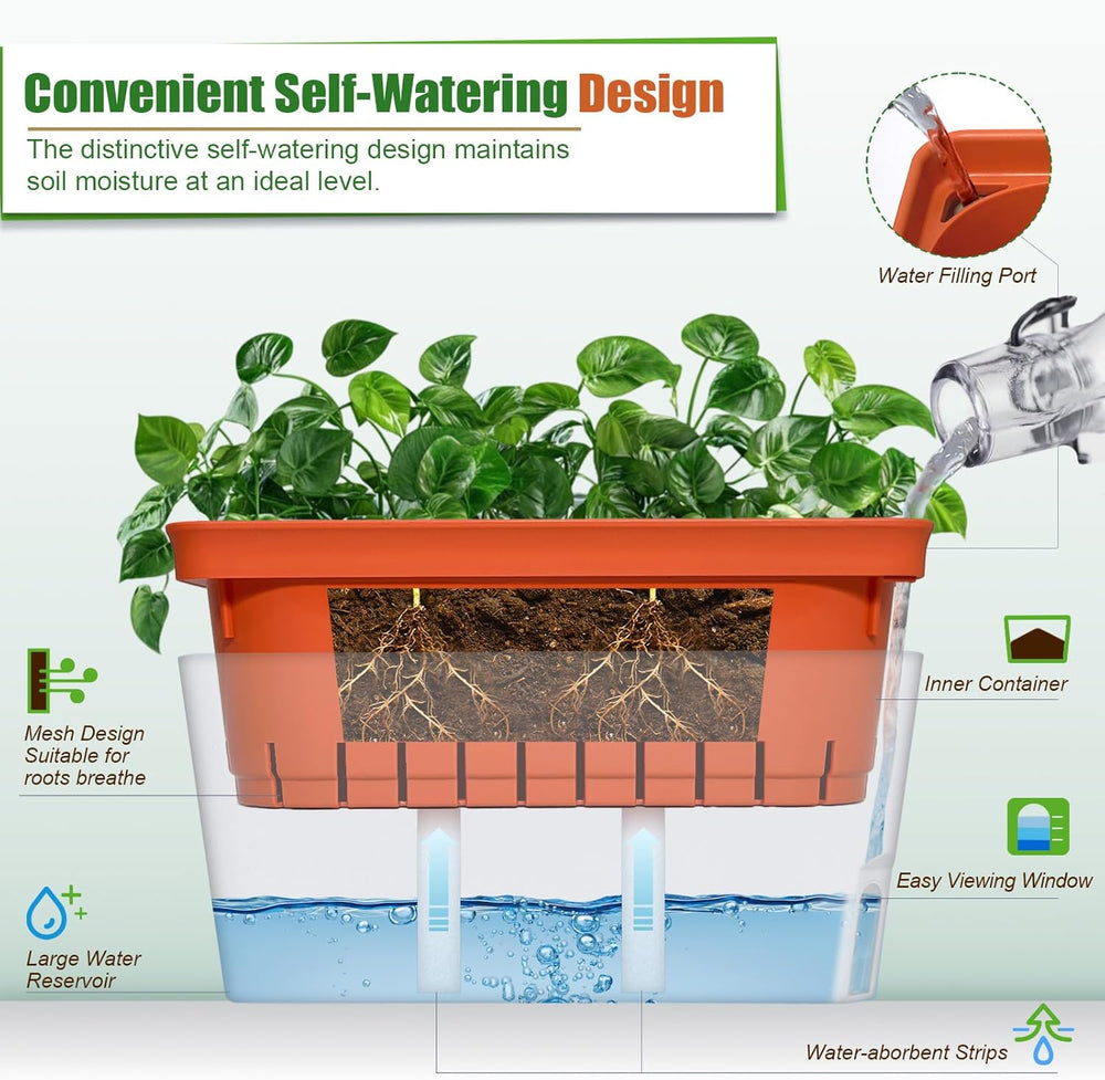 Doniczki samonawadniające, zestaw 3 doniczek prostokątnych o średnicy 27 cm, doniczki na zioła, skrzynki na parapety ze zbiornikiem na wodę, nowoczesne plastikowe doniczki do wnętrz w ogrodzie na zewnątrz