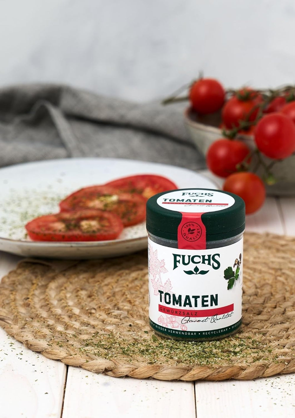 Fuchs Gewürze - Tomato Gewürz - Gewürzsalz für Tomatenbrot, Frühstücksei oder Steak - naturalne składniki - 90 g w wiederverwendbarer, recyclebarer Dawka