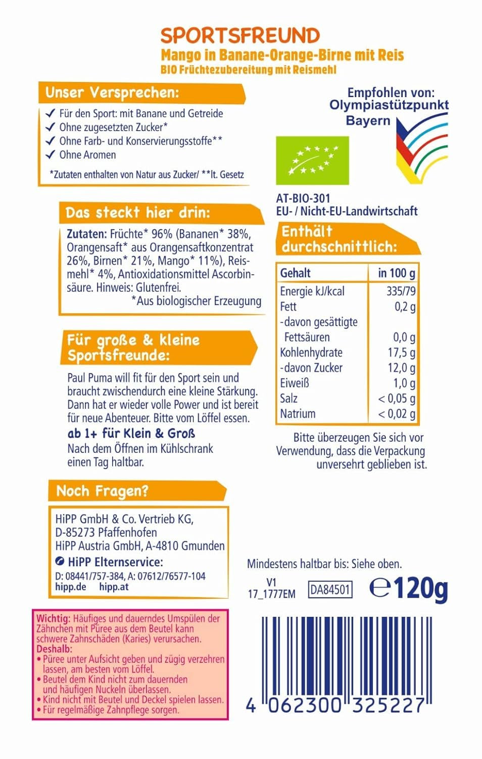 Torebki kompresyjne Hipp, 100% organiczne owoce bez dodatku cukru, 6 X 120 gramów Matka i Dziecko Naty Shop