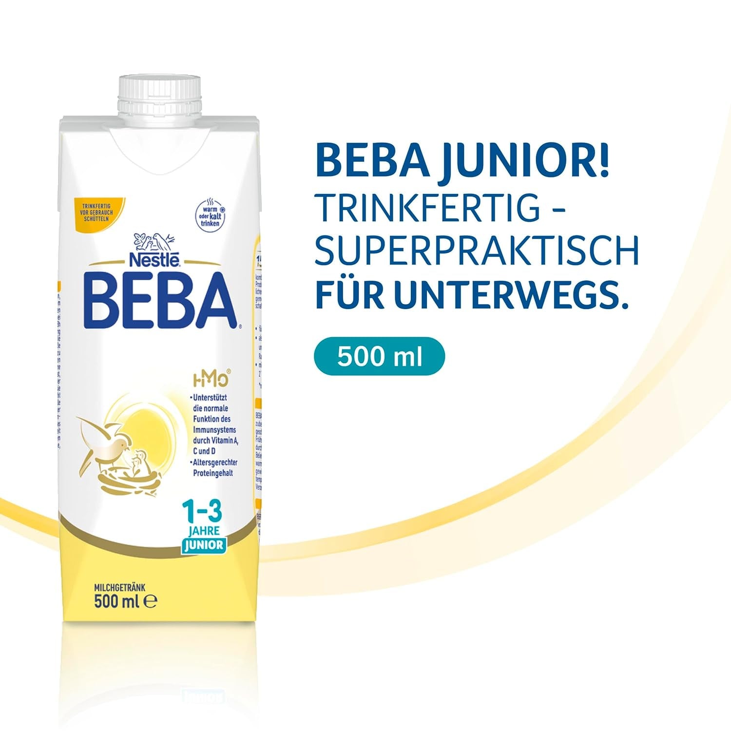 Băutură cu lapte gata de băut BEBA Junior 1-3 ani, cu HMO, conținut de proteine adecvat vârstei, fără ulei de palmier, fără ulei de pește, hrană pentru copii mici, pachet de 12 (12 x 500 ml)