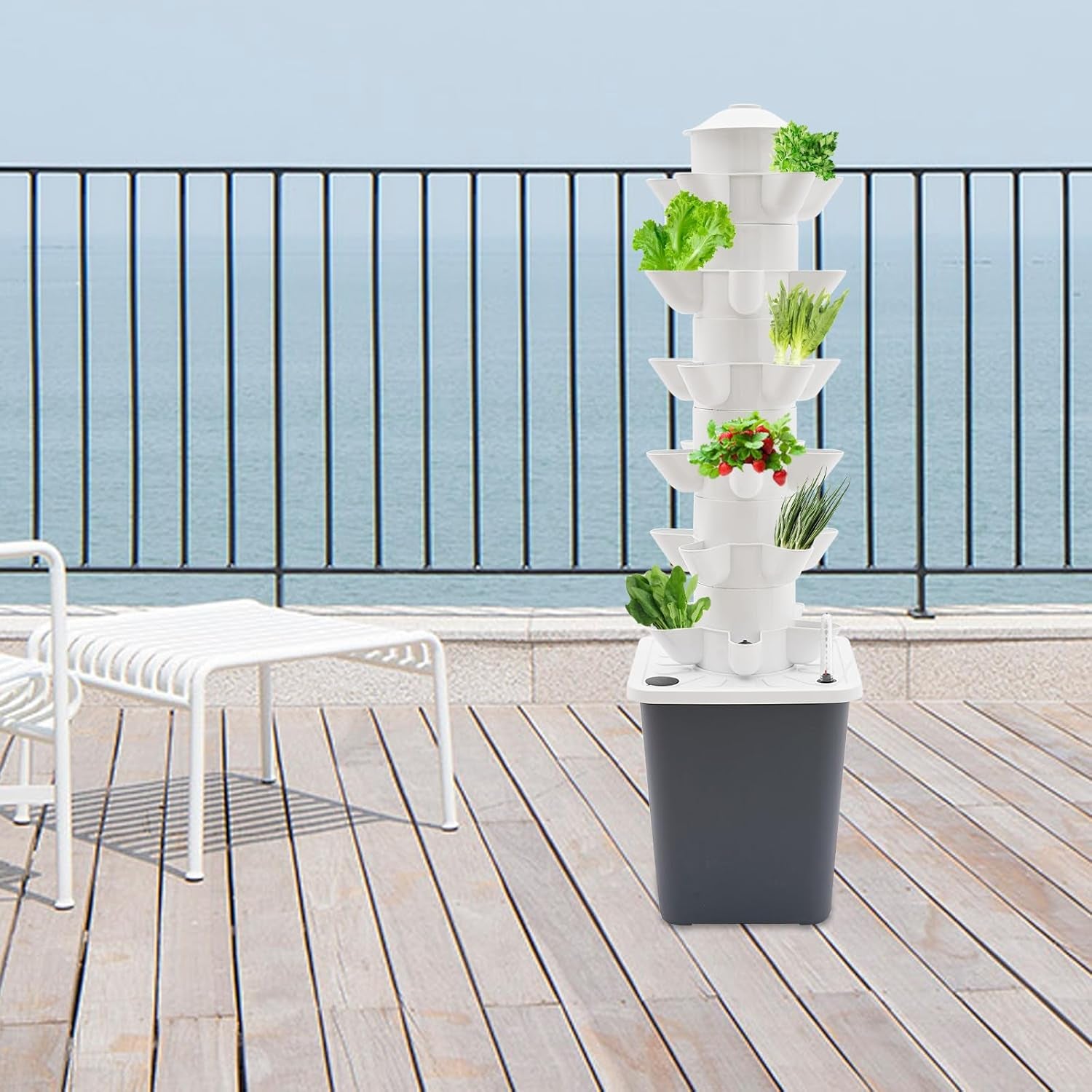 Wieża hydroponiczna z 30 kapsułkami, ogrodowy system uprawy hydroponicznej, 6-poziomowy zestaw do pionowej uprawy hydroponicznej, wieża aeroponiczna z pompą nawadniającą, adapterem i rozsadnikiem (szary)