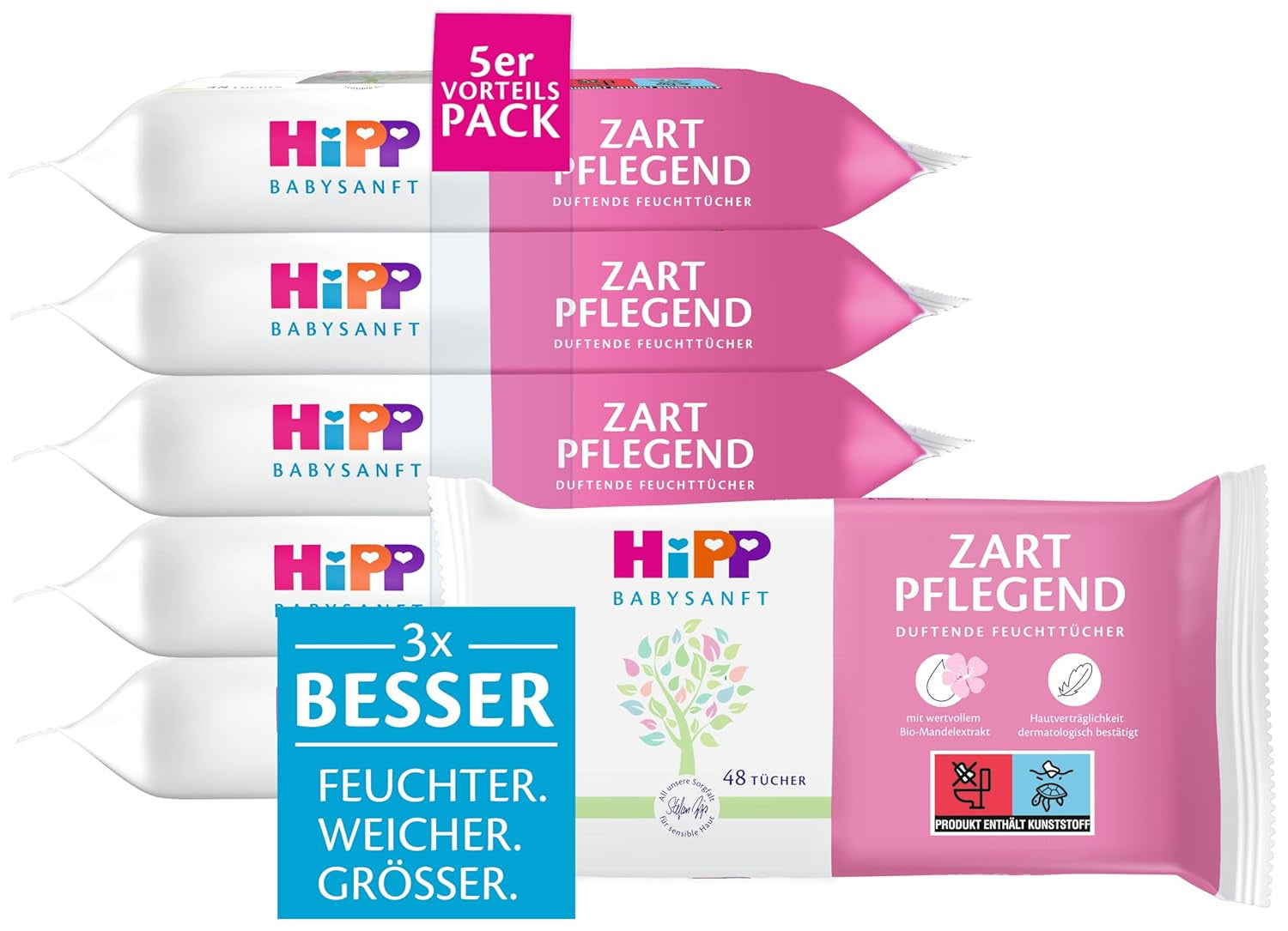 HiPP Babysanft Delicates Chusteczki nawilżane dla niemowląt 720 sztuk (3 x 240) z organicznym ekstraktem z migdałów, wyjątkowo przyjazne dla skóry, do delikatnego czyszczenia wrażliwej skóry dziecka