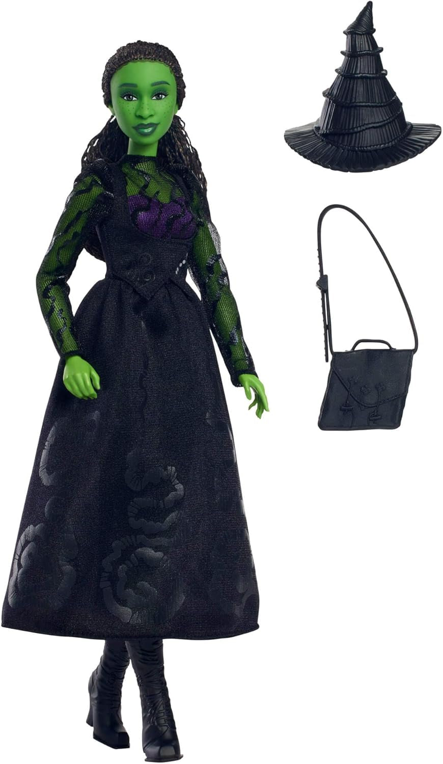 Mattel Wicked Elphaba Fashion Doll i akcesoria z zieloną skórą, czarnymi warkoczami, różnymi możliwymi pozami i wyglądem wydłużanej sukni balowej, HXT62, [wielokolorowe] lalki Naty Shop