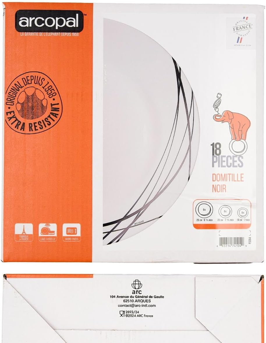 Set de veselă din sticlă opal, extra robust, pentru 6 persoane, fără BPA, 18 piese