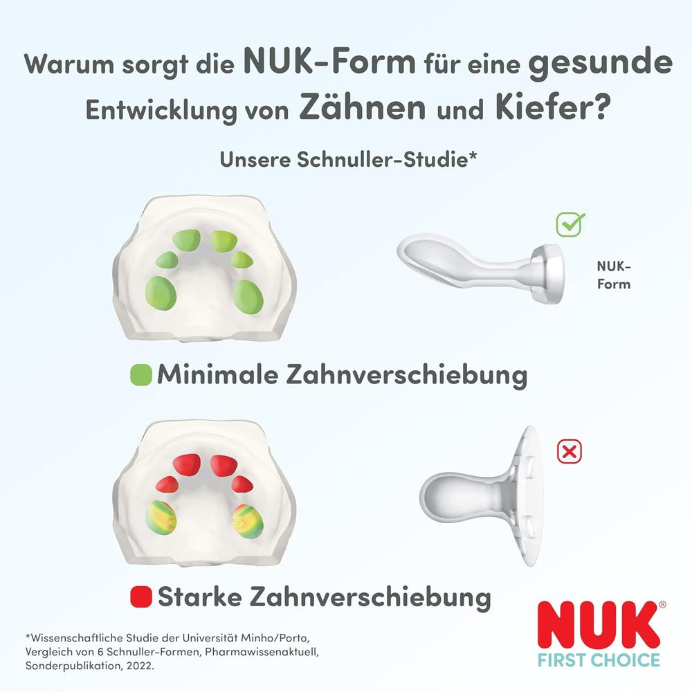 Suzete NUK First Choice Classic Day & Night pentru bebeluși | 6-18 luni | Suzete ortodontice care strălucesc în întuneric | Acceptare 95% de către bebeluși** | Albastru | Pachet de 2