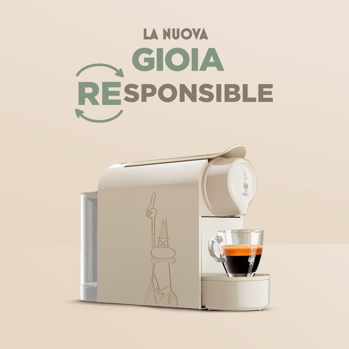 Bialetti Gioia, espressor pentru capsule de aluminiu, super compact, rezervor de 500 ml, 50% plastic reciclat, culoare taupe