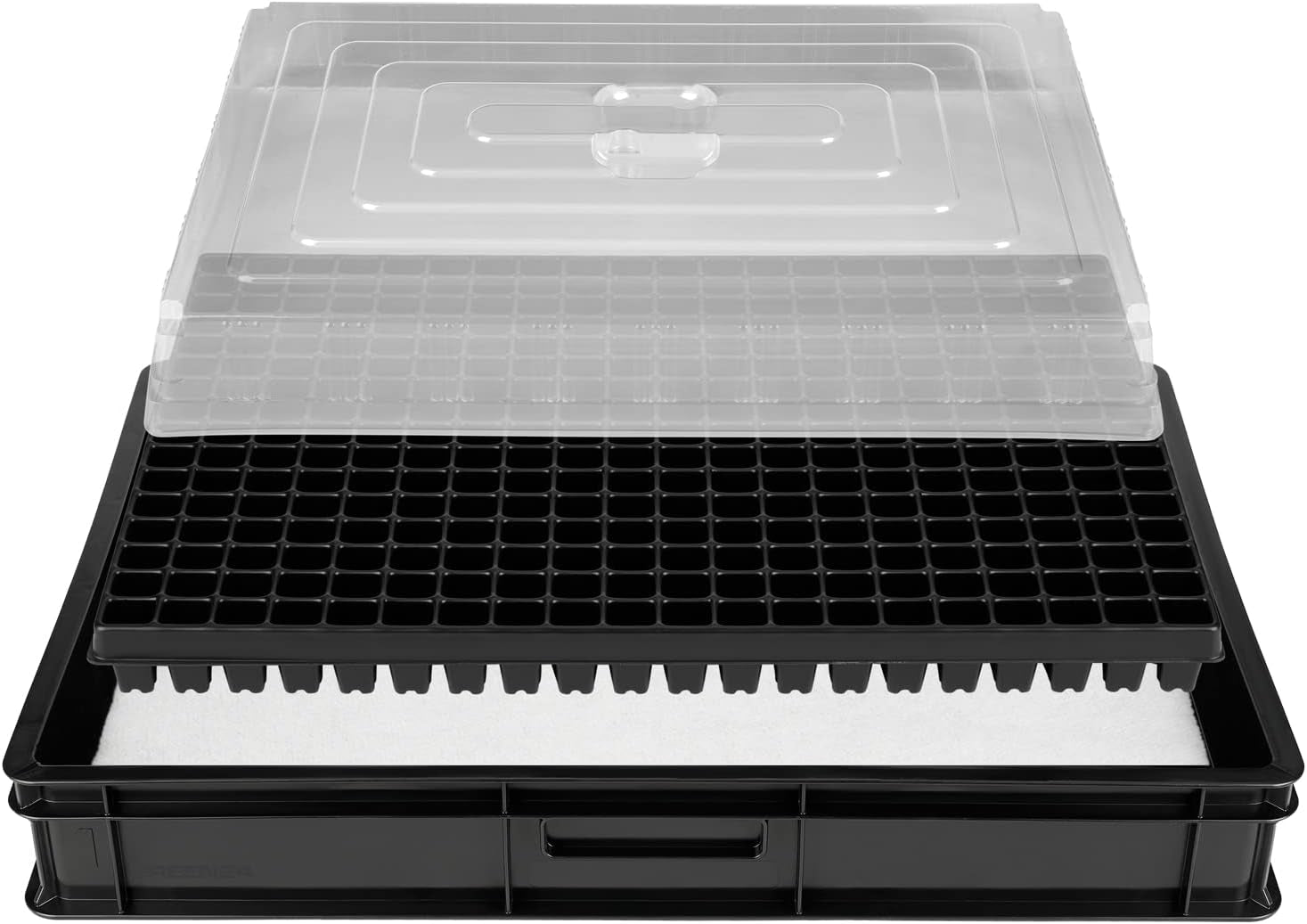 System rozmnażania GW-285 składający się z profesjonalnej tacy na wodę GW657, dopasowanej maty kapilarnej (chłonność wody 3L na m2) i tacy na doniczki z 285 doniczkami (23x23mm, wysokość 54mm) w rozmiarze Euro (600x400mm)