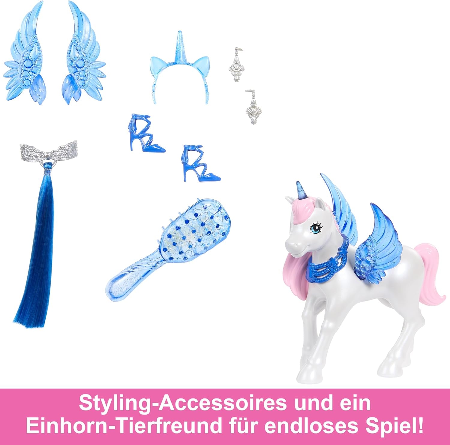 Barbie Ein verborgener Zauber - Puppe mit Einhorn, pinkfarbenes Kleid mit Saphirblauen Details, Einhorn-Stirnband, abnehmbare Saphirflügel und Schwanz, für Kinder ab 3 Jahren, HRR16