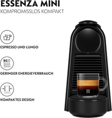 Espressor cu capsule Nespresso De'Longhi Essenza Mini, negru | Presiune pompă 19 bar | Rezervor de apă 0,6 l | Pentru espresso și lungo | Espressor mic – Momente mari de cafea | EN85.B