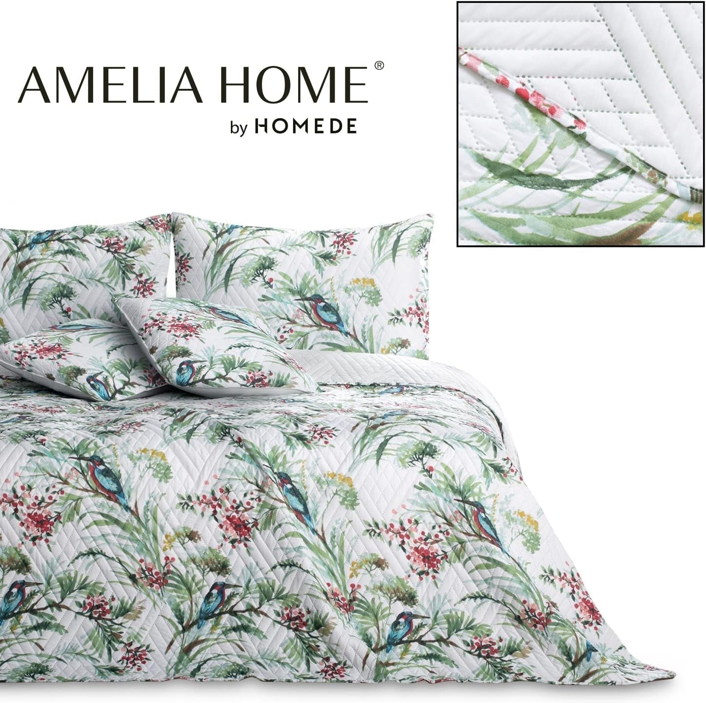 Ameliahome Narzuta Narzuta 260X280 cm Dwustronna Łatwa w pielęgnacji Pikowanie Wzór roślinny Wzór ptaka Wielokolorowy Kingfisher Łóżka i koce Besuche den AmeliaHome-Store