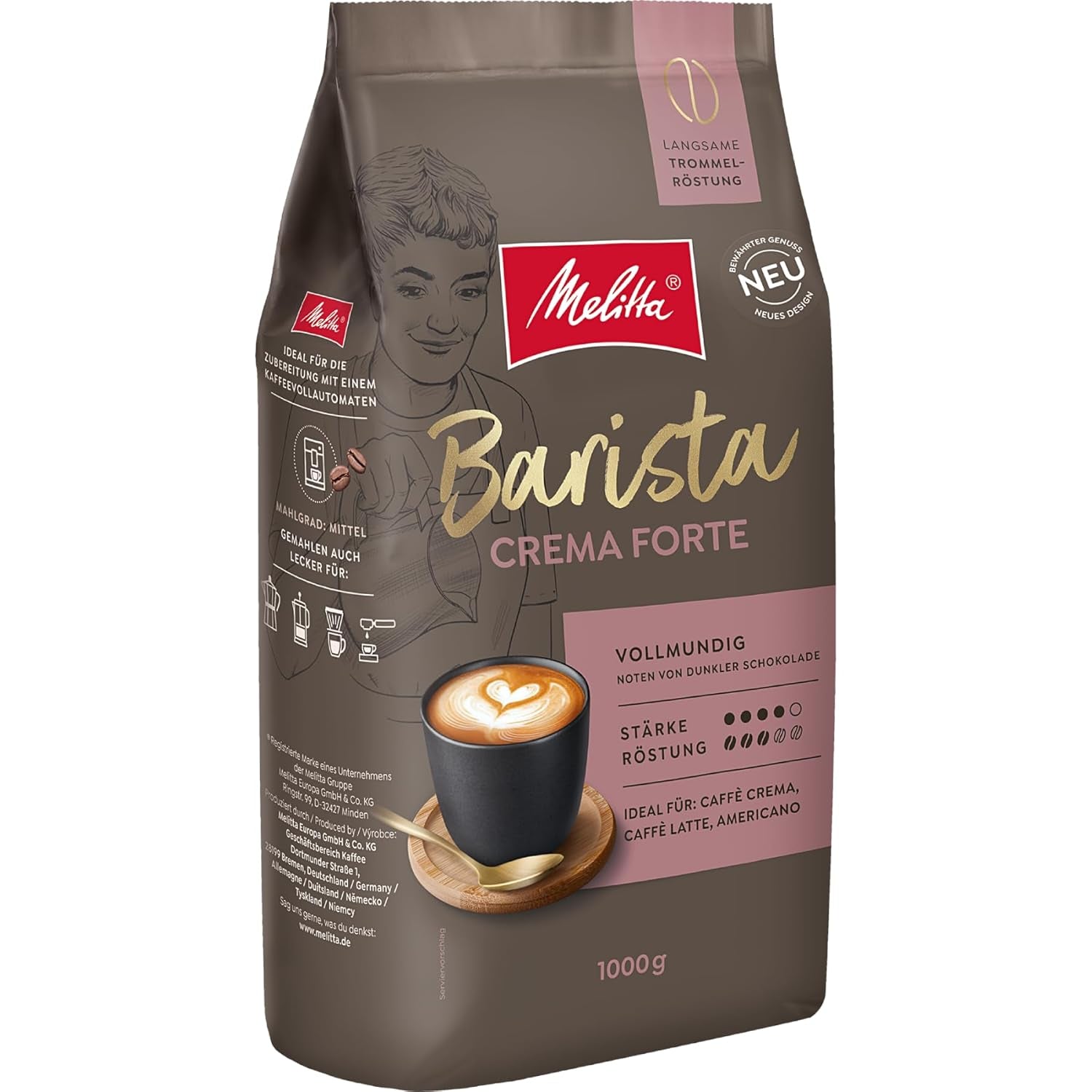 Melitta Barista Classic Crema Forte, Ganze Kaffee-Bohnen 1kg, ungemahlen, Kaffeebohnen für Kaffee-Vollautomat, kräftige Röstung, Stärke 4