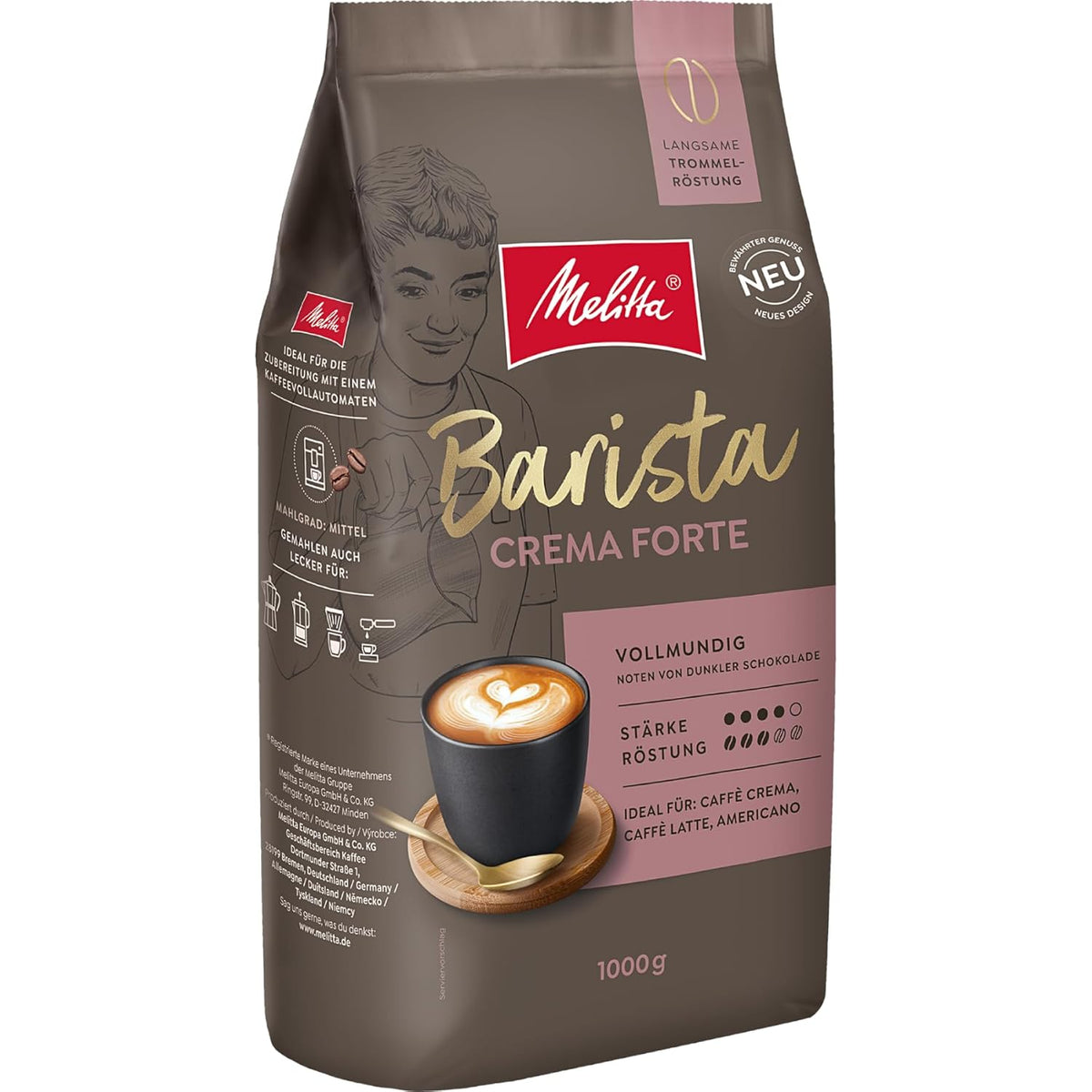 Melitta Barista Classic Crema Forte, Ganze Kaffee-Bohnen 1kg, ungemahlen, Kaffeebohnen für Kaffee-Vollautomat, kräftige Röstung, Stärke 4