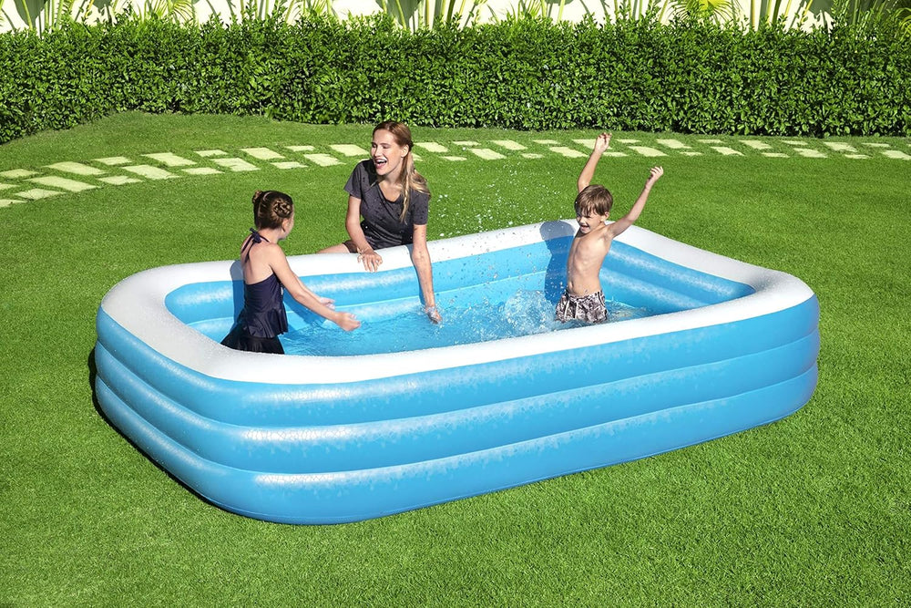 Bestway Family Pool Deluxe Prostokątny basen dla dzieci Łatwy w montażu Niebieski 305x183x56cm Nadmuchiwane materace i nadmuchiwane akcesoria 305x183x56cm Kolor