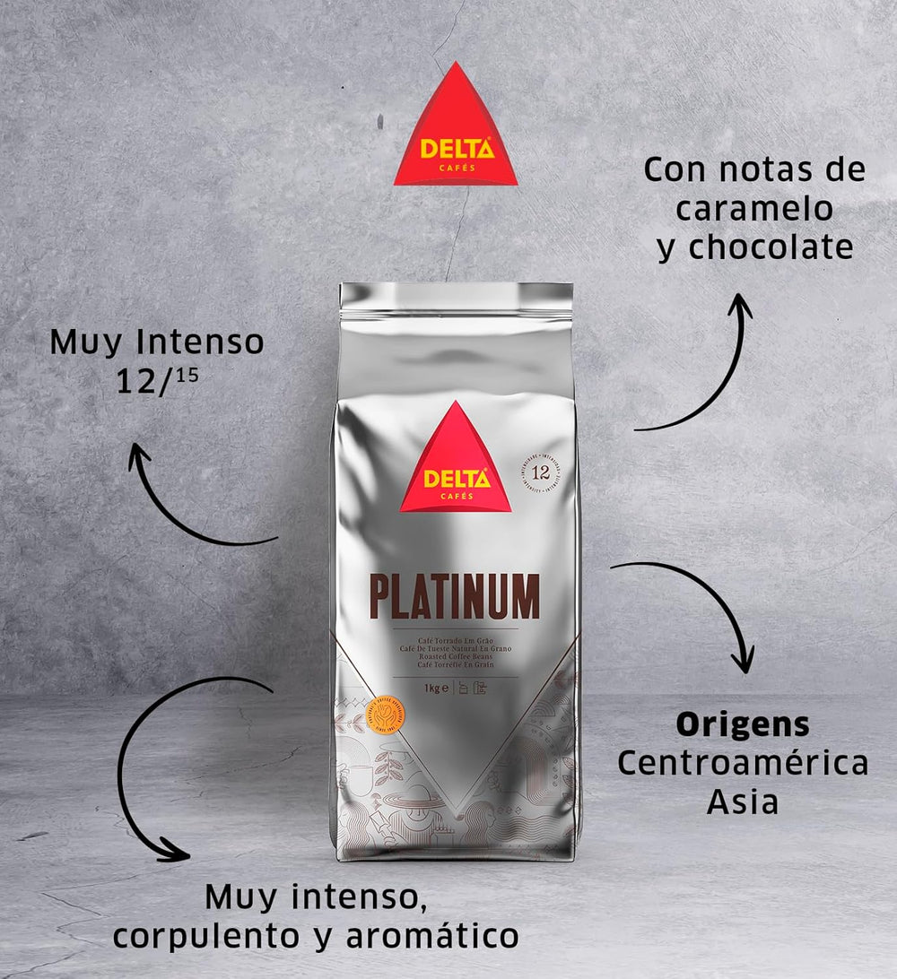 Cafea boabe Delta Cafés Platinum, 1 kg, 2 bucăți, Intensitate 12, amestec Arabica-Robusta