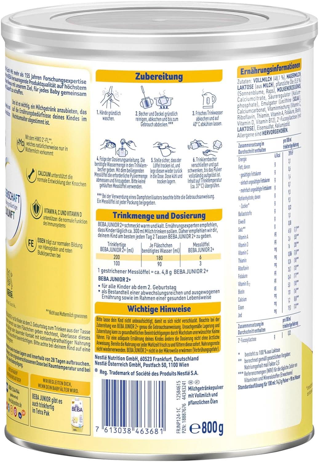 BEBA Junior 2+ 2. urodziny Napój mleczny, HMO 2'-FL Żywność dla niemowląt, Tylko laktoza, Bez oleju palmowego, Opakowanie 6 (6 x 800 g) Sklep dla mam i dzieci Naty Shop