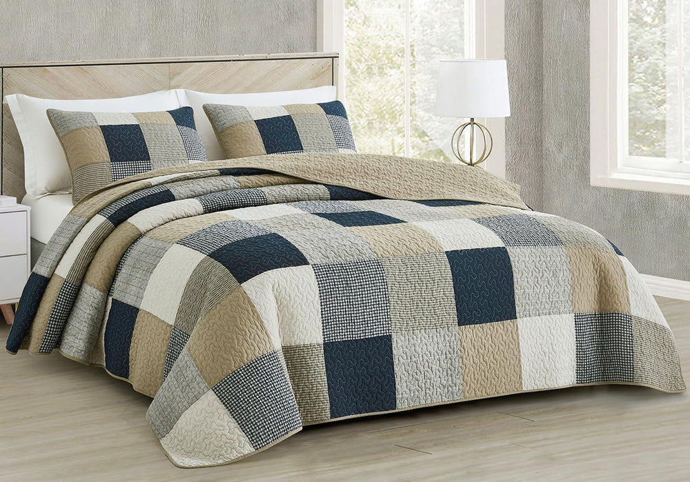 Chezmoi Collection Addy Patchwork Quilt Set bumbac pre-spălat, ușor, reversibil, pentru toate anotimpurile, supradimensionat, 3 piese, albastru marin, alb, gri, taupe, în carouri Plapumi si pilote Naty Shop Cu carouri, Pătrat, Patchwork, Taupe Oversized King