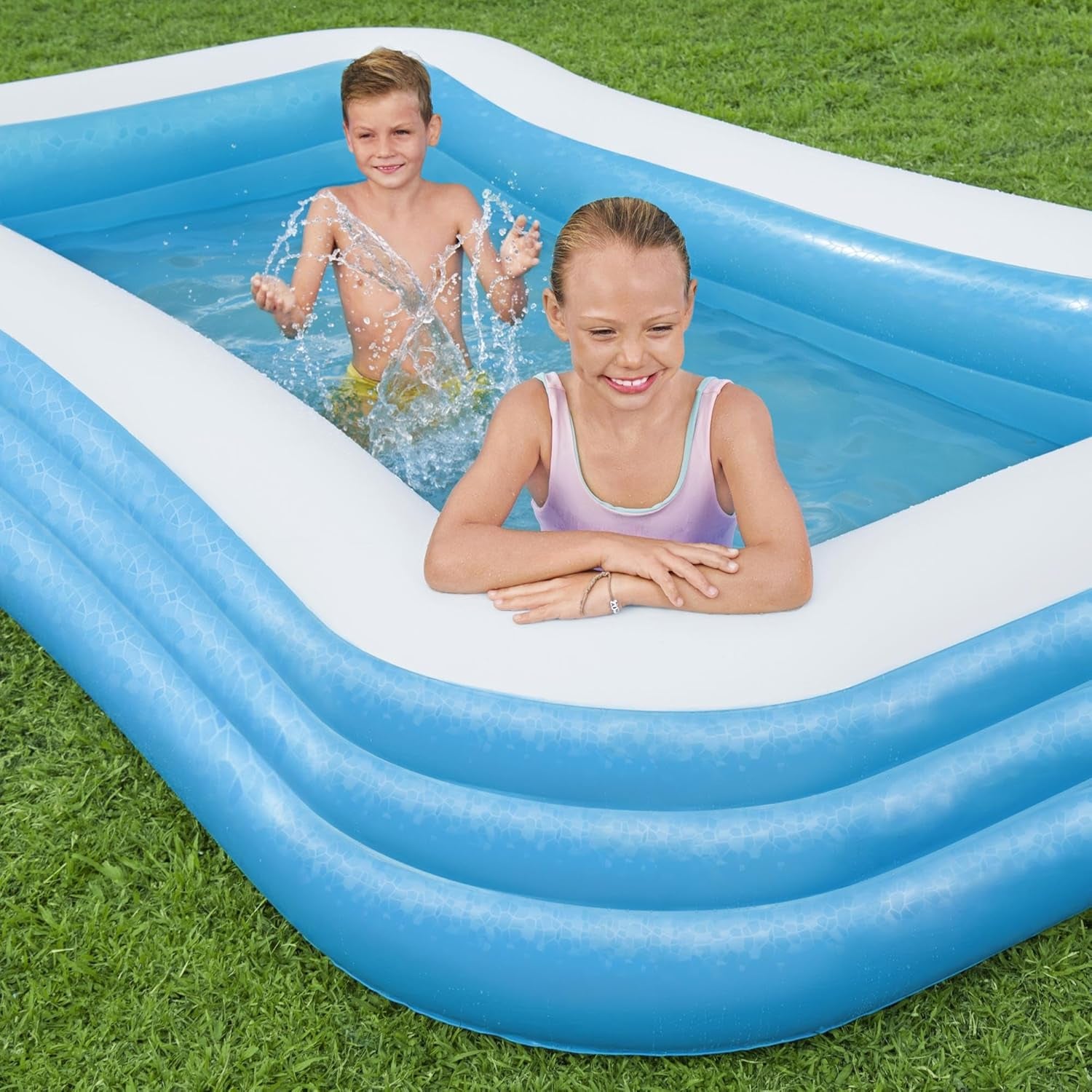 Bestway Family Pool Deluxe Prostokątny basen dla dzieci Łatwy w montażu Niebieski 305x183x56cm Nadmuchiwane materace i nadmuchiwane akcesoria 305x183x56cm Kolor