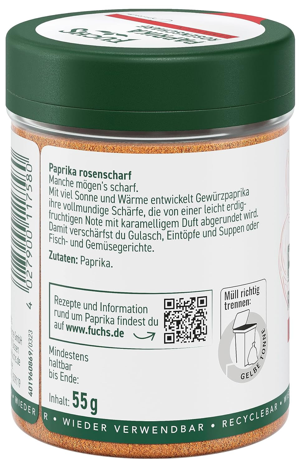 Fuchs Gewürze - Paprika Rosenscharf gemahlen - schärfer Gesmack für Gulasch, Eintöpfe oder Gemüsegerichte - naturalne składniki - 55 g w wiederverwendbarer, recyclebarer Dawka