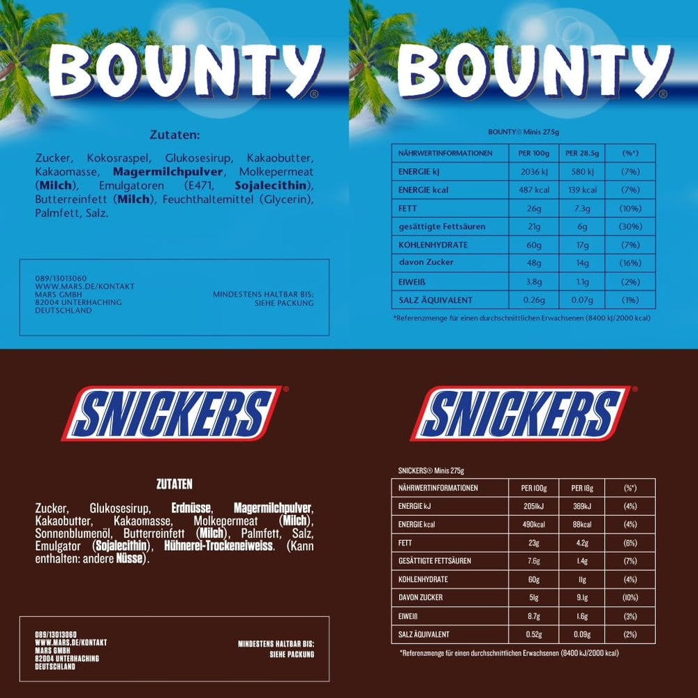 Mini opakowanie zbiorcze mieszanej czekolady, 20 mini czekoladowych przekąsek (Mars, Snickers, Bounty, Twix, Milky Way), jako cukierki, prezent czekoladowy, pudełko cukierków, 400g