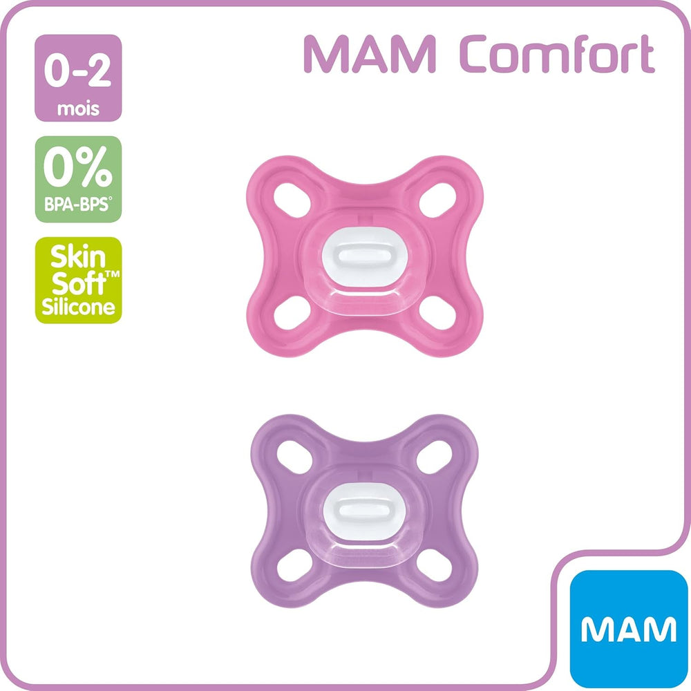 Suzete MAM Comfort din silicon, pachet de 2 (0-2 luni), suzete pentru prematuri și nou-născuți, set suzetă cu cutie pentru suzetă, roz/violet