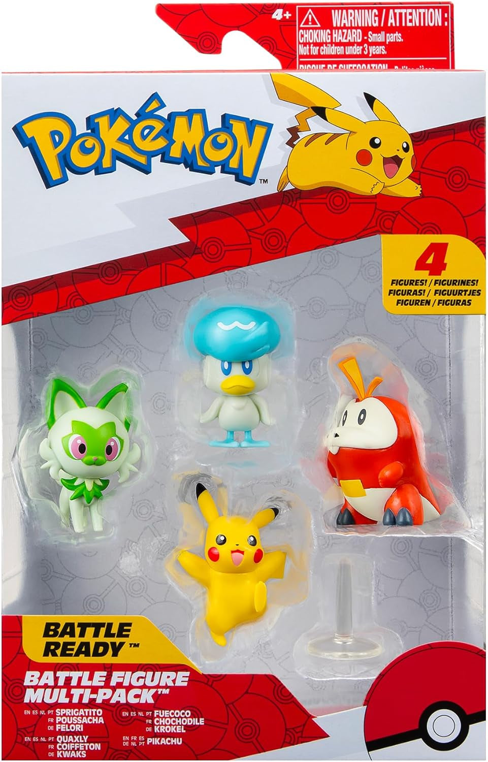 Pokémon PKW3402 - Opakowanie zbiorcze figurek bojowych - 4-pak z Pikachu, Croc, Kwaks, Felori, oficjalne szczegółowe figurki, 5 cm każda Figurki Naty Shop