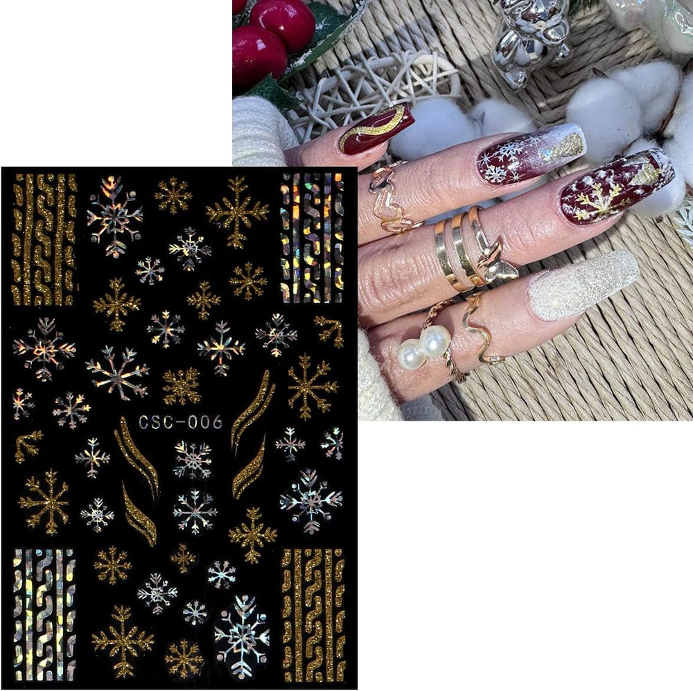 JMEOWIO Nagelsticker Weihnachten Gold Glitter Silber 8 Blatt Nail Art Sticker Selbstklebend Nagelaufkleber Schneeflocke Winterurlaub Dekoration Nageldesign Zubehör