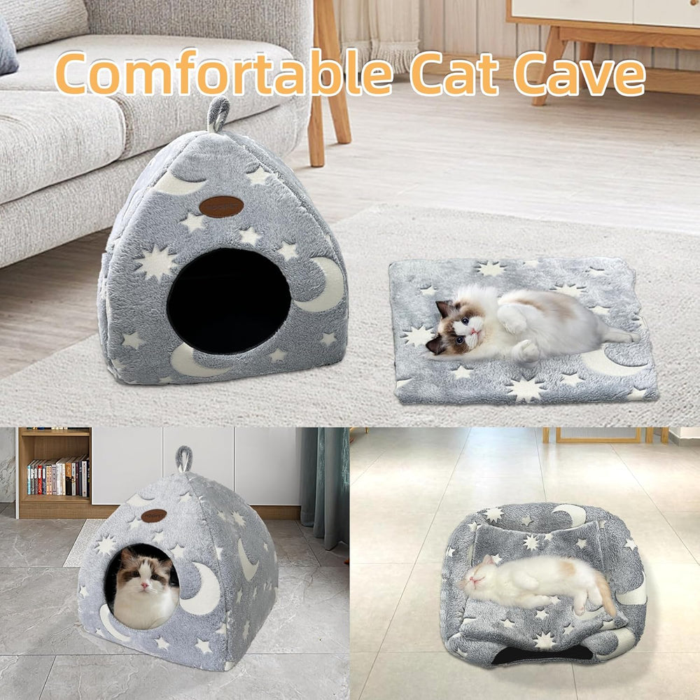 Katzenhöhle Plüsch Katzenhaus mit Waschbarem Kissen Faltbare Katzenzelt Höhle mit Handle Weiches und Warmes Katzenbett für Drinnen 33x33x35cm