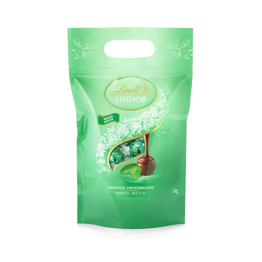 Kulki z białej czekolady LINDOR 1 kg i LINDOR | 1 kg zamykana torebka | ok. 80 kulek z mlecznej czekolady z nadzieniem miętowym | Opakowanie zbiorcze, prezent pralinowy, prezent czekoladowy