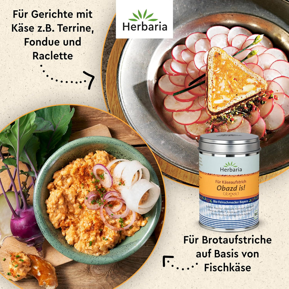 Herbaria Obazd jest! bio 90g M-Dose – Bio-Gewürzmischung bayerischen Biergartenklassiker Obazda – dla Brotaufstriche, Käsegerichte, Käsefondue – Raclette Gewürz - w nachhaltiger Aromaschutz-Dose