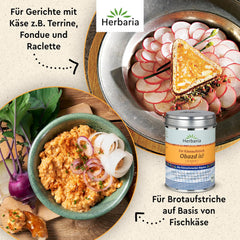 Herbaria Obazd jest! bio 90g M-Dose – Bio-Gewürzmischung bayerischen Biergartenklassiker Obazda – dla Brotaufstriche, Käsegerichte, Käsefondue – Raclette Gewürz - w nachhaltiger Aromaschutz-Dose