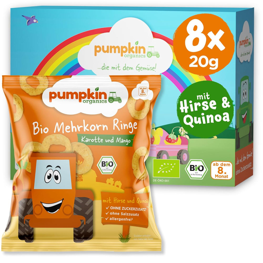 Pumpkin Organics Wieloziarniste krążki z marchewką i mango dla niemowląt (opakowanie 8 szt.) Bez dodatków Przekąski dla dzieci od 12. miesiąca życia – bez alergenów² i bezglutenowe³ Chrupiące przekąski dla dzieci (8 x 20 g)