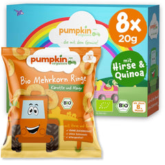 Pumpkin Organics Wieloziarniste krążki z marchewką i mango dla niemowląt (opakowanie 8 szt.) Bez dodatków Przekąski dla dzieci od 12. miesiąca życia – bez alergenów² i bezglutenowe³ Chrupiące przekąski dla dzieci (8 x 20 g)