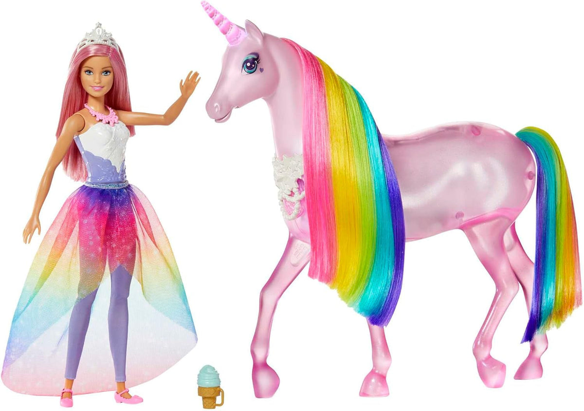Barbie Dreamtopia Magical Magic Light Unicorn, cu 25+ lumini și sunet, incl. păpușă Barbie și unicorn, cadou pentru copii, jucărie de la 3 ani, GWM78 Papusi Naty Shop Singur Ambalaje durabile