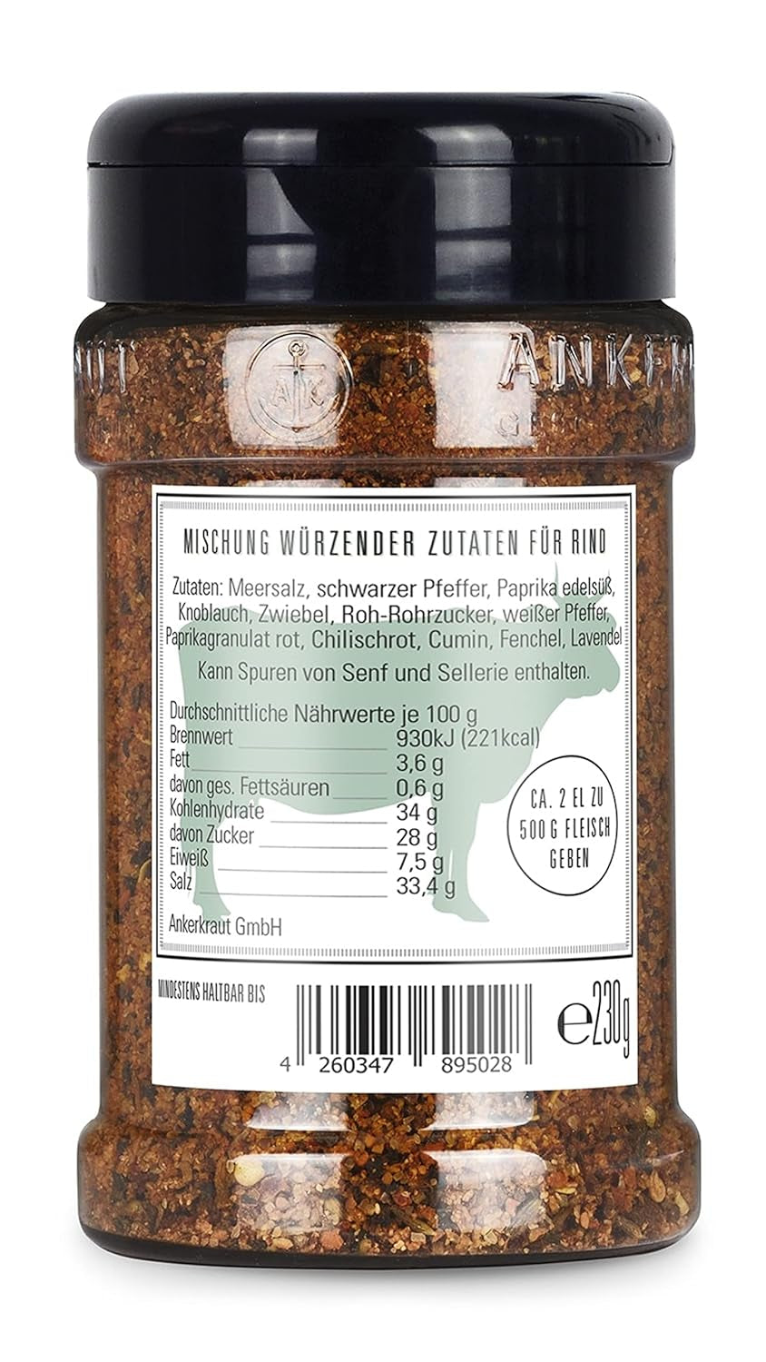 Ankerkraut Für Rind, Gewürz für Fleisch zum Würzen mit Aroma & Gesmack, lecker Kochen zu Hause, stek Żeberka Mostek Braten würzen w Premium Qualität, 230g w Streuer
