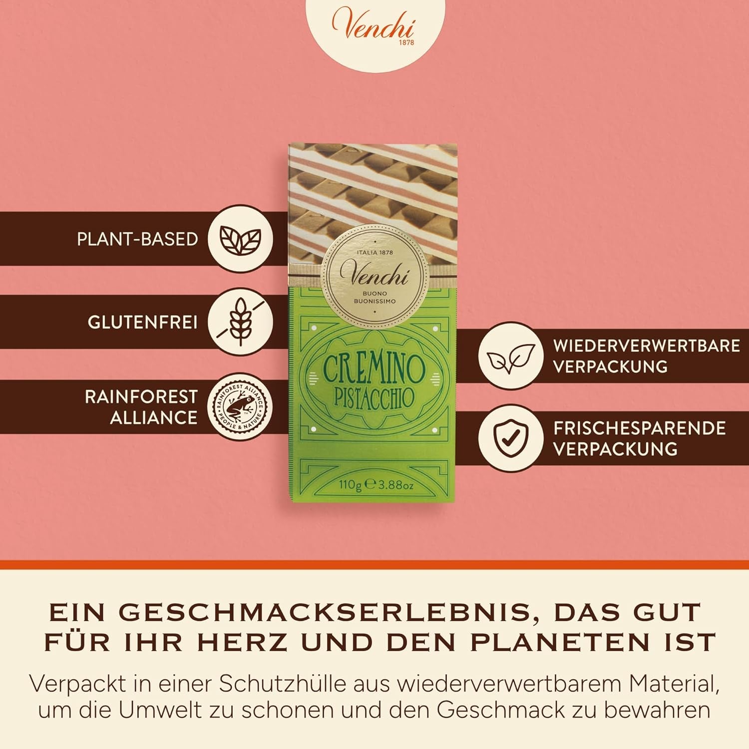 Venchi - Cremino Pistachio Bar, 110g, tabliczka mlecznej i białej czekolady z pastą pistacjową, trzywarstwowa receptura o śródziemnomorskich smakach, bezglutenowa, bez sztucznych barwników