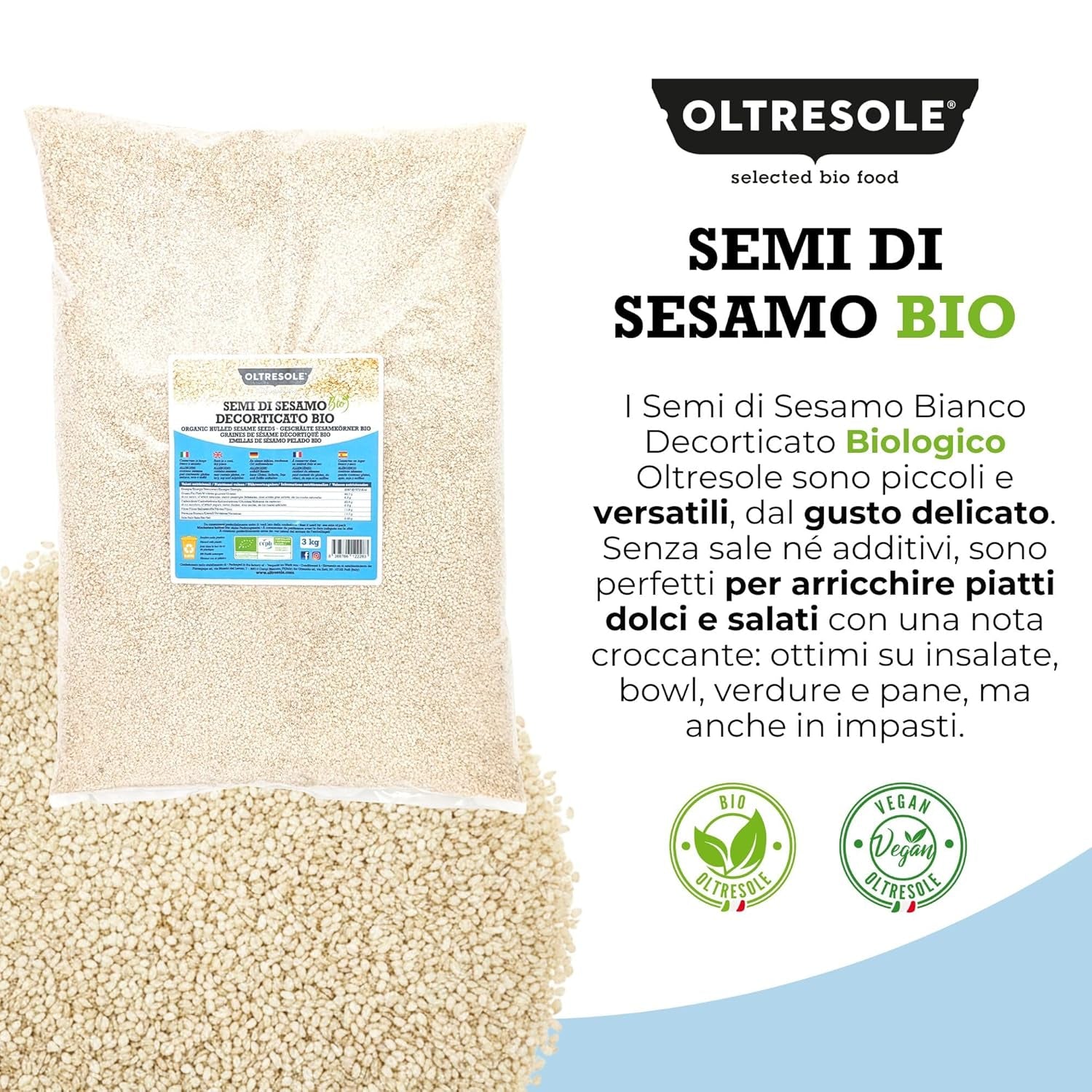 Organiczne nasiona sezamu 3 kg, surowe organiczne nasiona oleiste, biały sezam, naturalnie łuskane, niepalone, źródło wapnia i żelaza, pakiet ekonomiczny