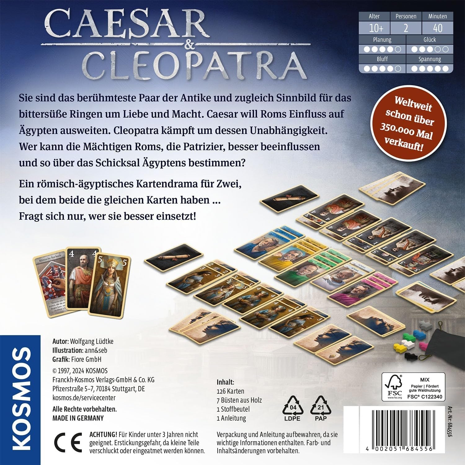 KOSMOS 684556 Caesar & Cleopatra, Joc de cărți strategic pentru 2 jucători cu vârsta de la 10 ani în sus, joc pentru adulți, joc de societate pentru 2 persoane