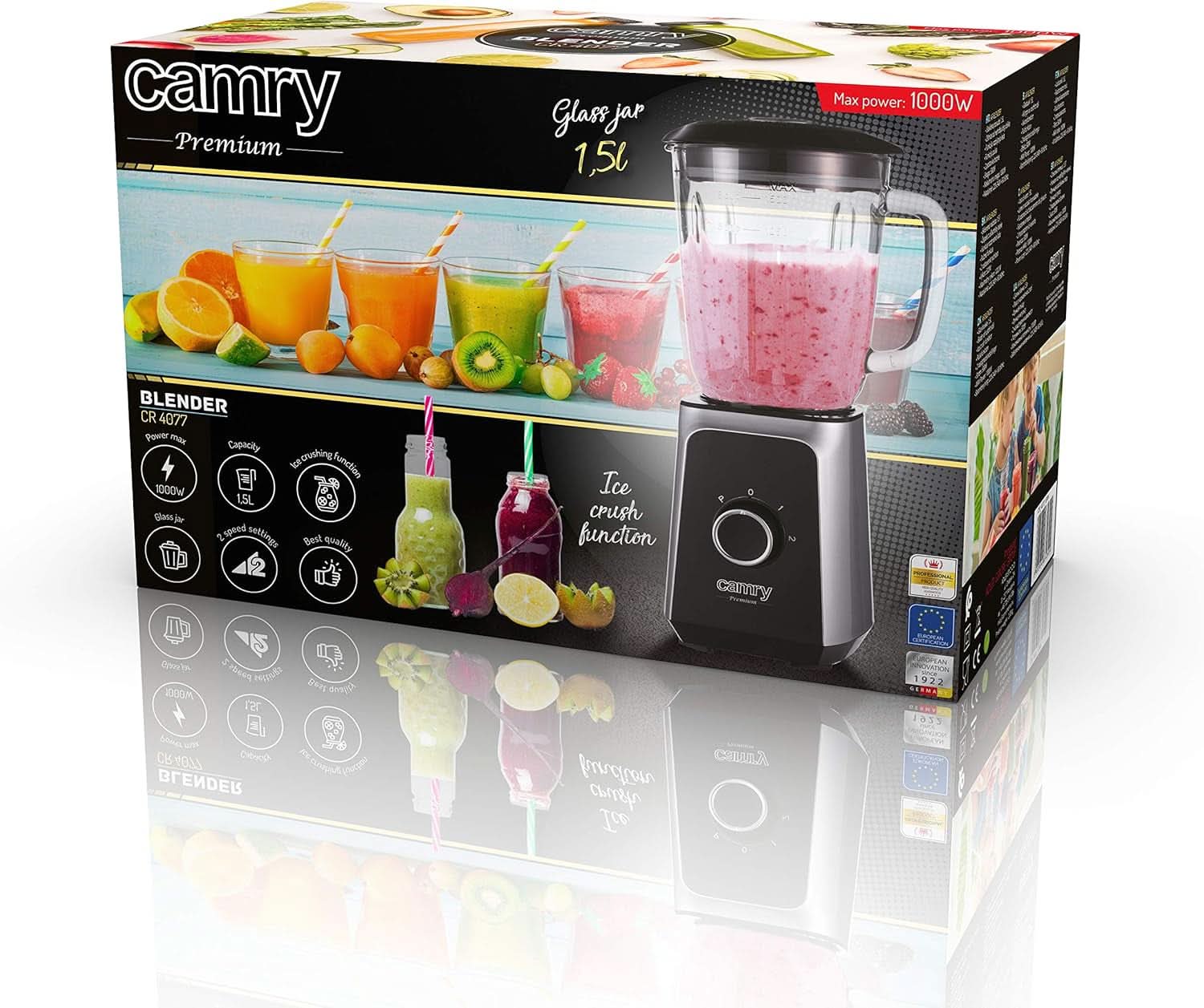 CR 4077 Mikser stojący Mit 1,5L Glasbehälter, Smoothie Maker, Hochleistungsmixer, Mahlung, Eis-Zerkleinerung, Pulsfunktion, Edelstahlklingen, 2 Geschwindigkeiten, 1000W, Schwarz/Silber Kitchen Naty Shop