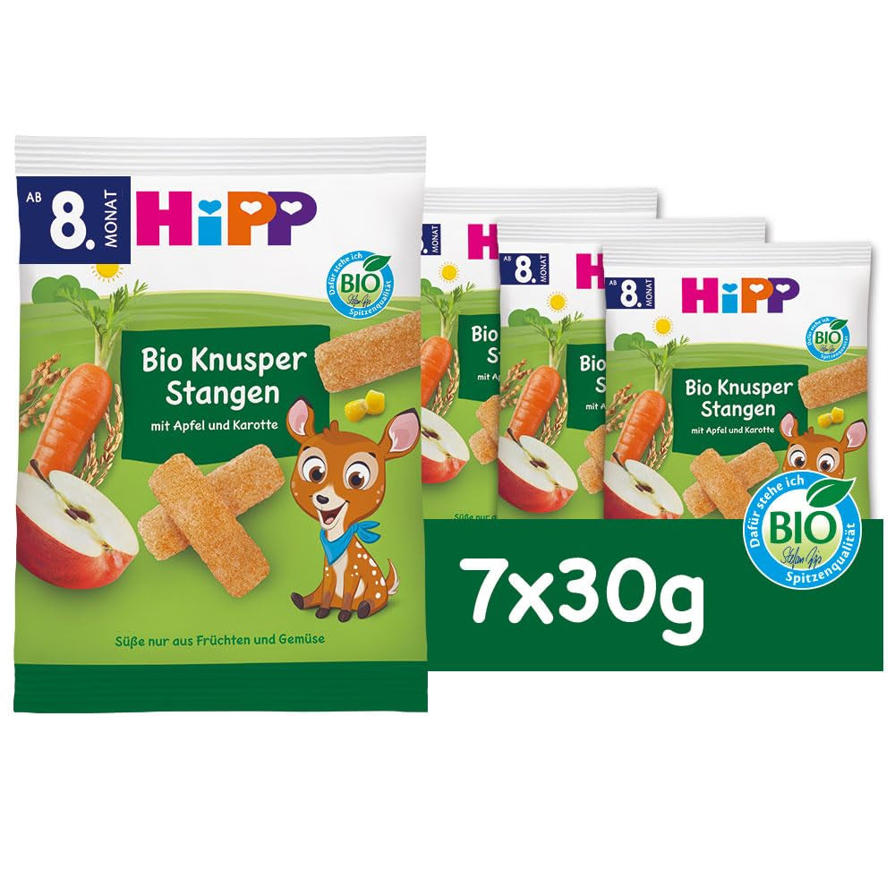 HiPP Bio Knusper Stangen Apple Karotte (7 x 30 g), Babysnack ab 8. Monat, Süße nur aus Früchten und Gemüse, glutenfrei, w najlepszej jakości biologicznej