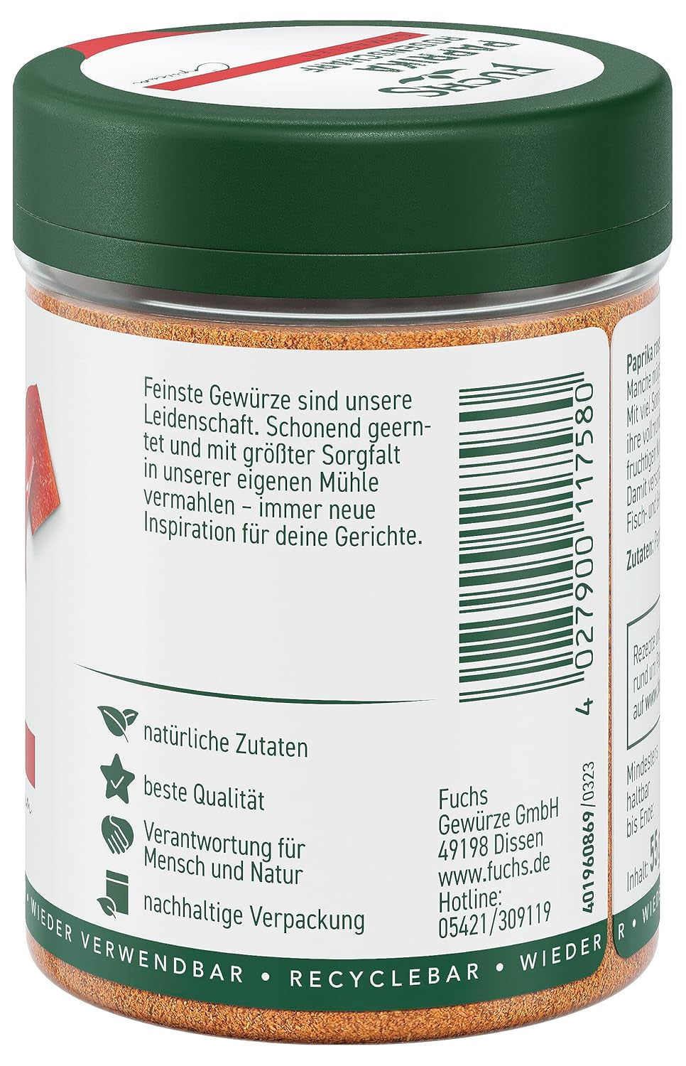 Fuchs Gewürze - Paprika Rosenscharf gemahlen - schärfer Gesmack für Gulasch, Eintöpfe oder Gemüsegerichte - naturalne składniki - 55 g w wiederverwendbarer, recyclebarer Dawka