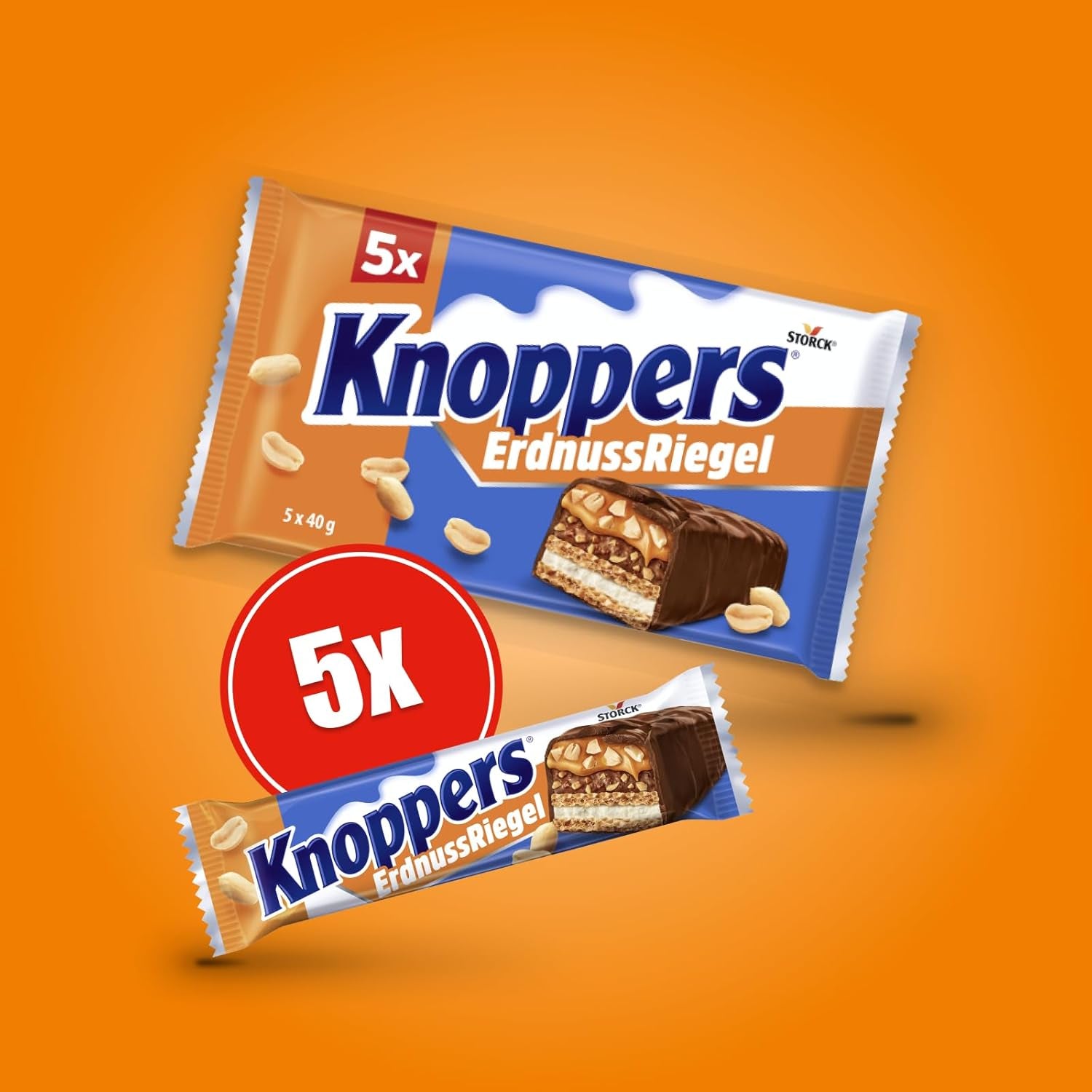 Knoppers Peanut Bar – 1 x 200g (5 batoników) – Baton mlecznej czekolady z kremem orzechowym, siekanymi solonymi orzeszkami ziemnymi, karmelem i mleczną czekoladą