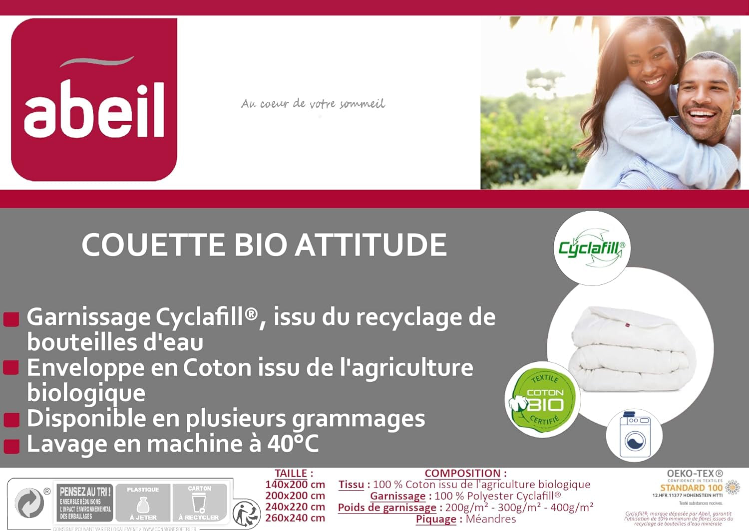 Kołdra Abeil Bio' Attitude, lekka, poszewka z bawełny organicznej, wypełnienie: poliester Cyclafill® 200 G/M², można prać w pralce, certyfikat Oeko-Tex, 200 x 200 cm Kołdry i kołdry Naty Shop