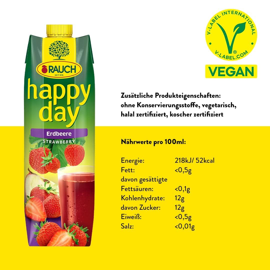 Rauch Happy Day Truskawka | Intensywny smak truskawkowy | Rafinowane jabłkami i cytryną | 6X 1 litr, Tetra Prisma Napoje bezalkoholowe Naty Shop