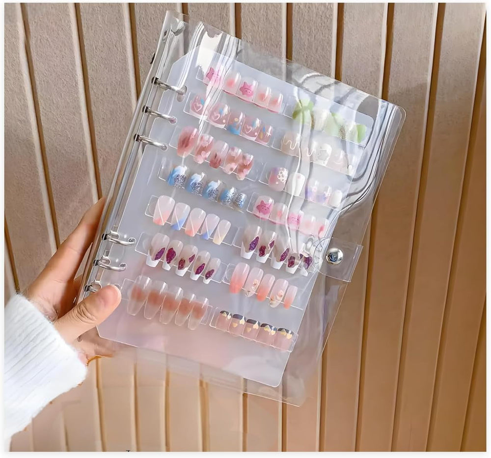 Set organizator unghii A5 cu sistem de închidere cu capse și foi detașabile – Cutie transparentă robustă + 6 tampoane adezive și carte de depozitare detașabilă pentru unghii artificiale/adezive – Ideal pentru depozitare, prezentare
