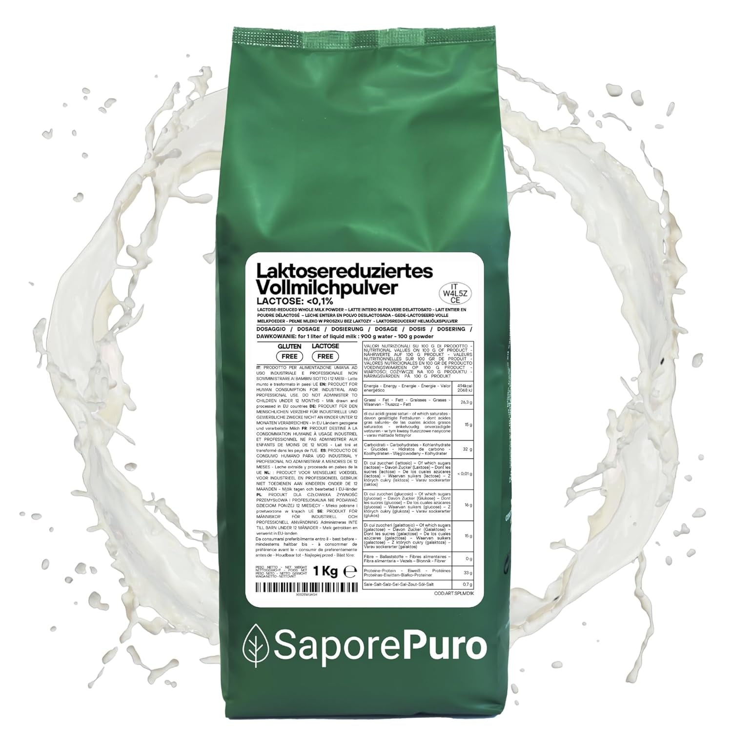 Laktosefreies Vollmilchpulver 1 kg | Hohe Löslichkeit | Idealny do wypieków, chleba i żywności. Do użytku profesjonalnego i przemysłowego. Nie zawiera laktozy. Nie zawiera glutenu