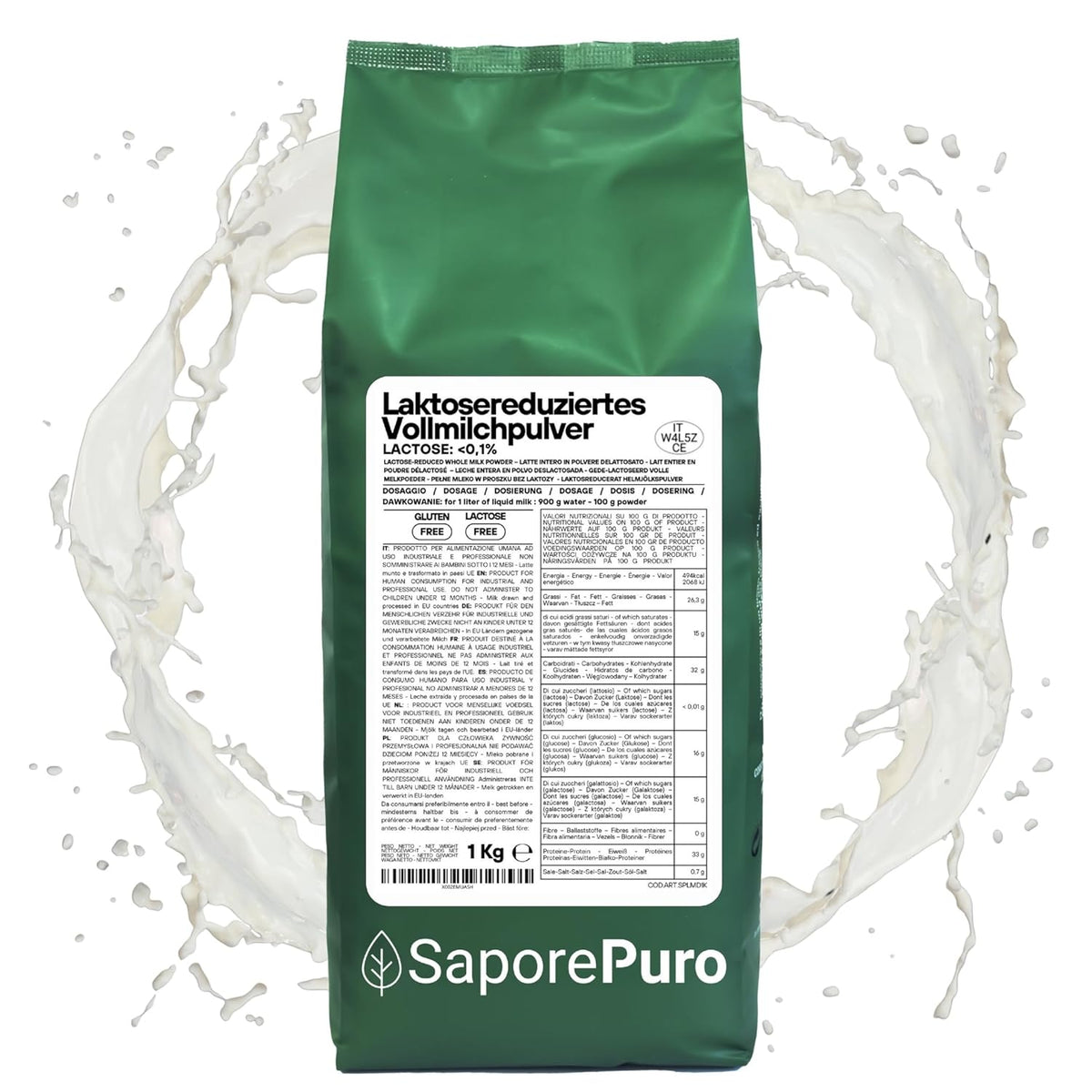Laktosefreies Vollmilchpulver 1 kg | Hohe Löslichkeit | Idealny do wypieków, chleba i żywności. Do użytku profesjonalnego i przemysłowego. Nie zawiera laktozy. Nie zawiera glutenu