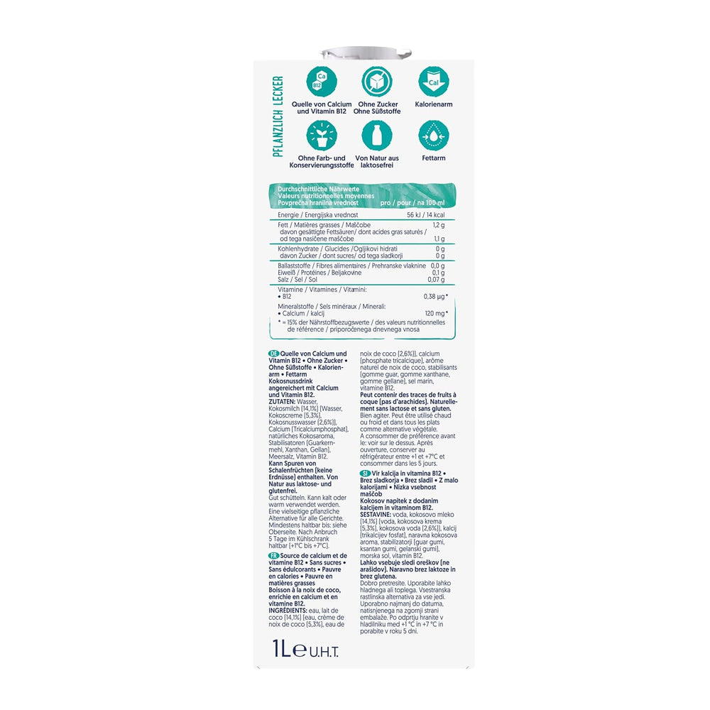 Alpro Kokosnussdrink ohne Zucker – Ohne Süßstoffe – Vegan und milchfrei – Von Natur aus lactosefrei und fettarm – Bogaty w wapń i witaminy – 8 x 1 L